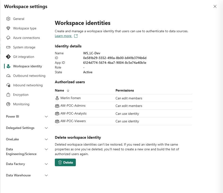 Workspace identity WS_LC-Dev — Active, authorized users: Merlin Fomen (Can edit members), AW-POC-Admins (Can edit members), AW-POC-Analysts (Can use identity), AW-POC-Viewers (Can use identity)
